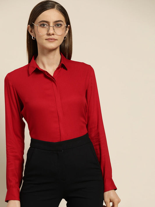 Women Red Solid Viscose Rayon Regular Fit Formal Shirt - #folk republic#