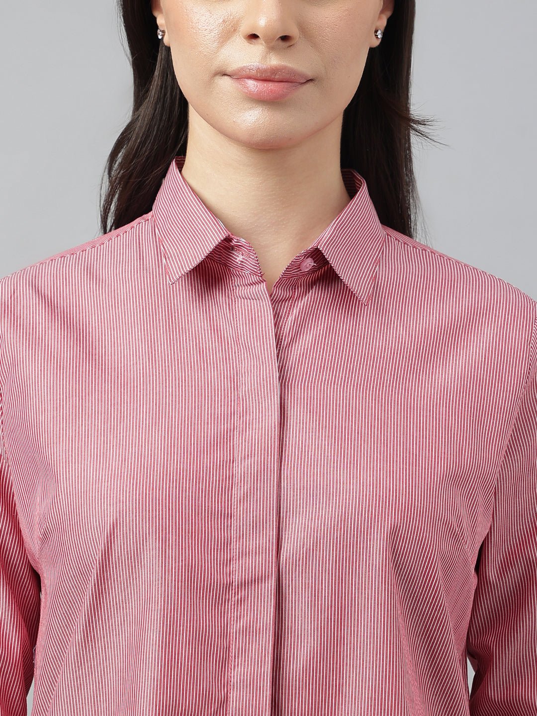 Women Red &White Stripes Pure Cotton Regular Fit Formal Shirt - #folk republic#
