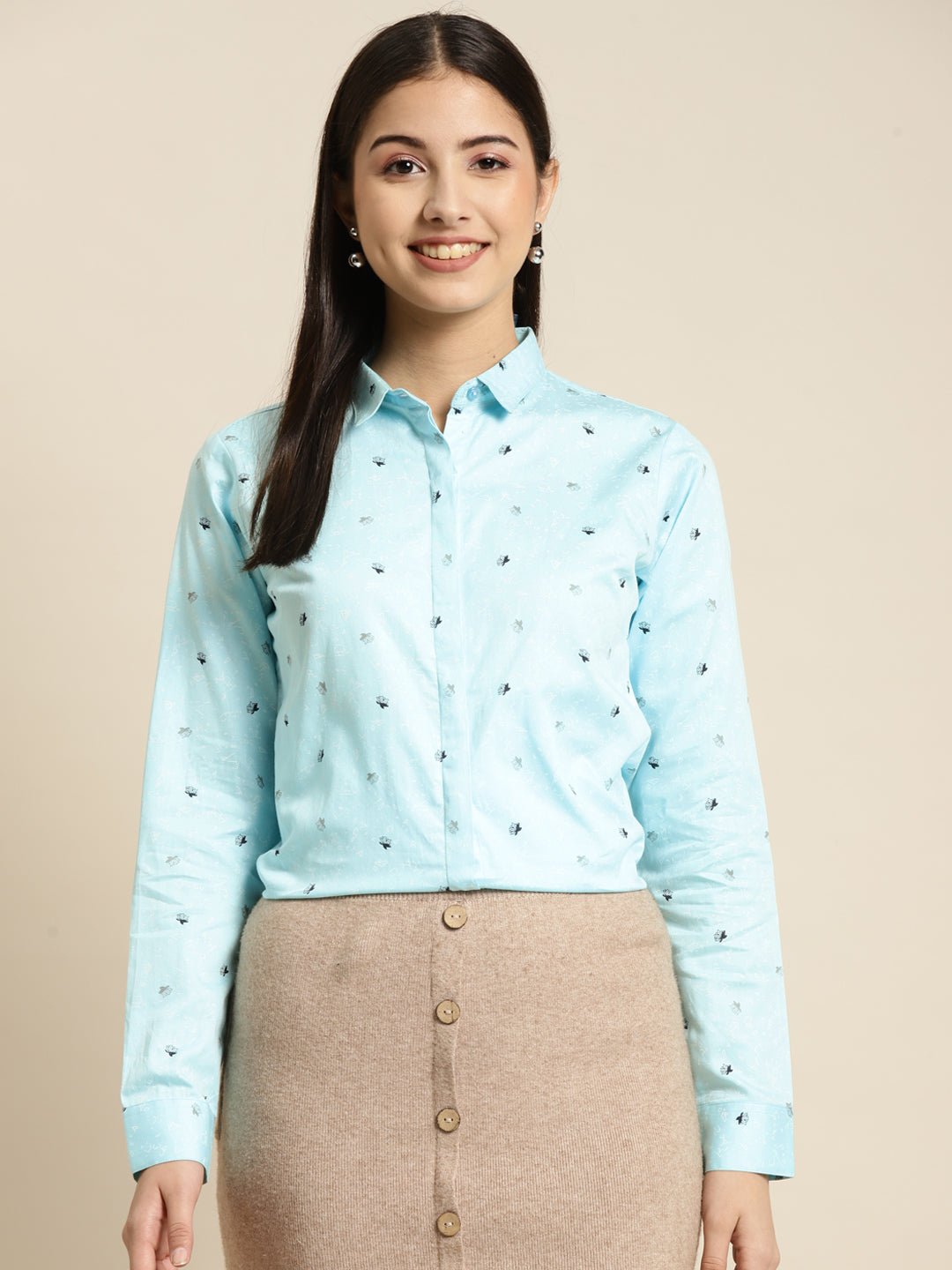 Women Sky Blue Printed Pure Cotton Slim Fit Formal Shirt - #folk republic#