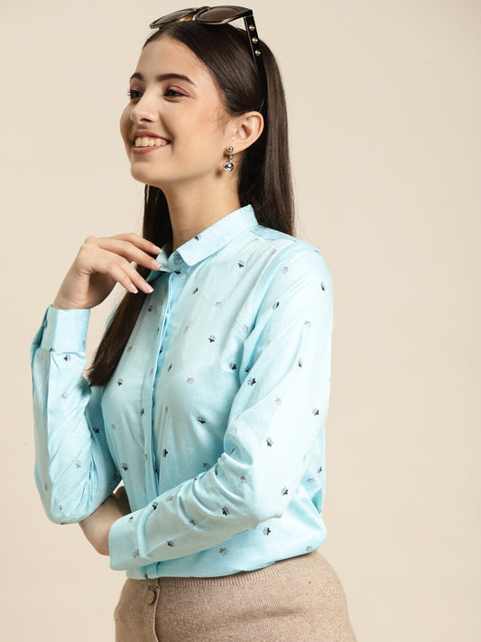 Women Sky Blue Printed Pure Cotton Slim Fit Formal Shirt - #folk republic#