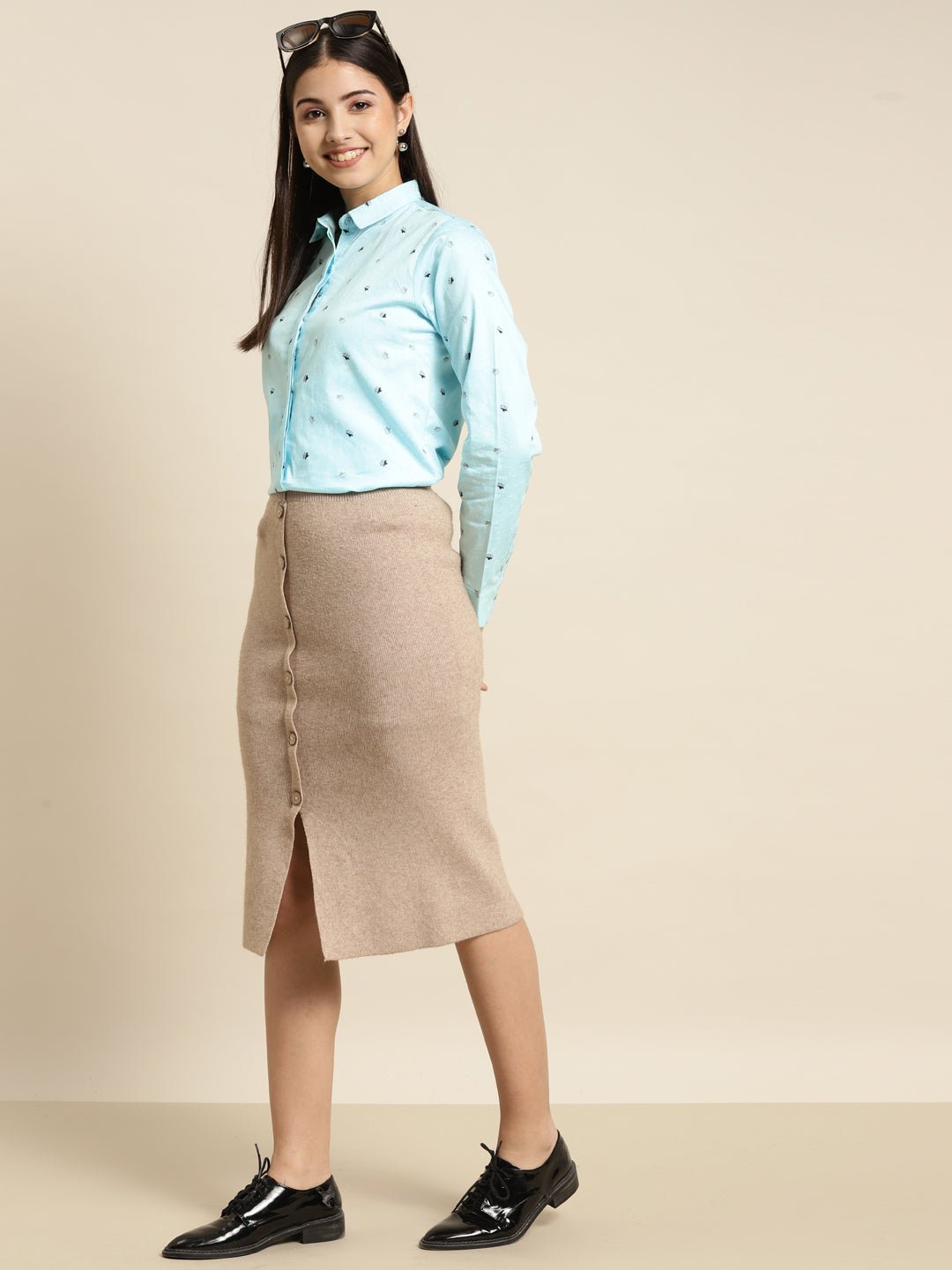 Women Sky Blue Printed Pure Cotton Slim Fit Formal Shirt - #folk republic#