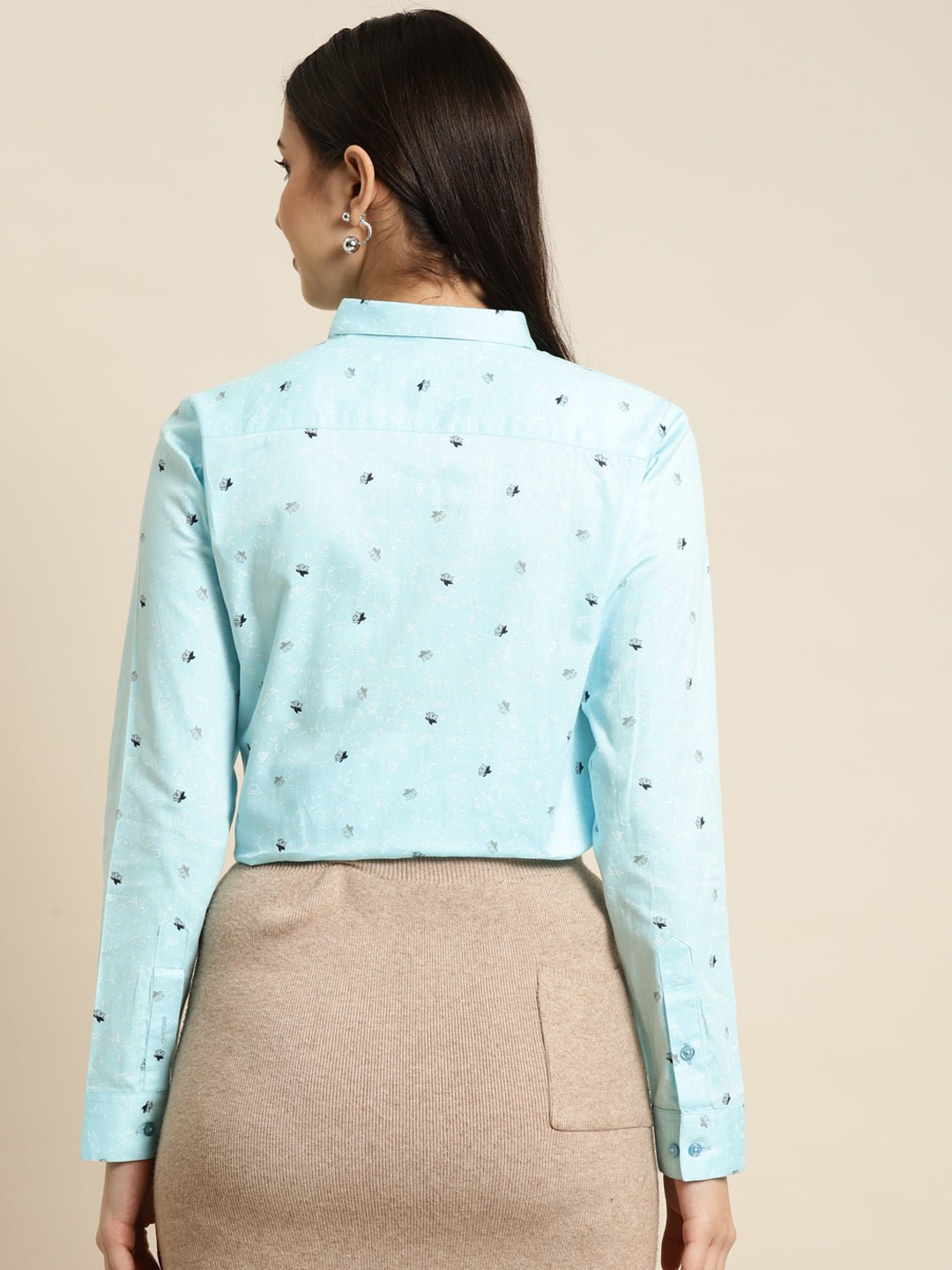 Women Sky Blue Printed Pure Cotton Slim Fit Formal Shirt - #folk republic#