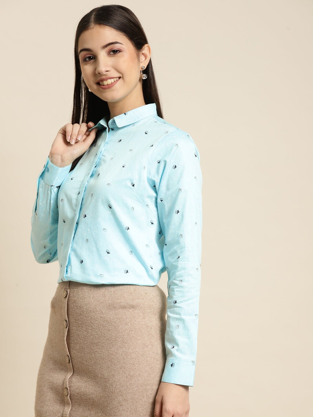 Women Sky Blue Printed Pure Cotton Slim Fit Formal Shirt - #folk republic#
