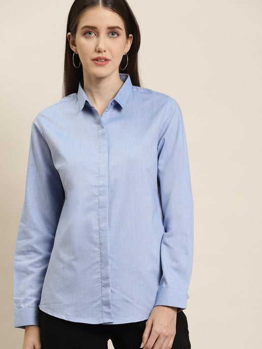 Women Sky Blue Solid Chambray Cotton Rich Slim Fit Formal Shirt - #folk republic#