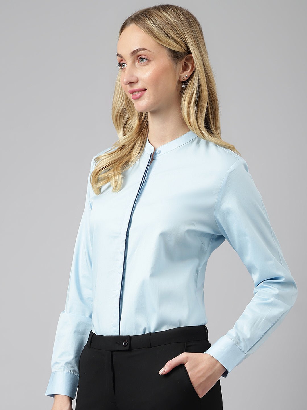 Women Sky Blue Solid Pure Cotton Regular Fit Formal Shirt - #folk republic#