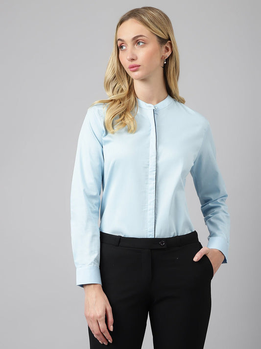 Women Sky Blue Solid Pure Cotton Regular Fit Formal Shirt - #folk republic#