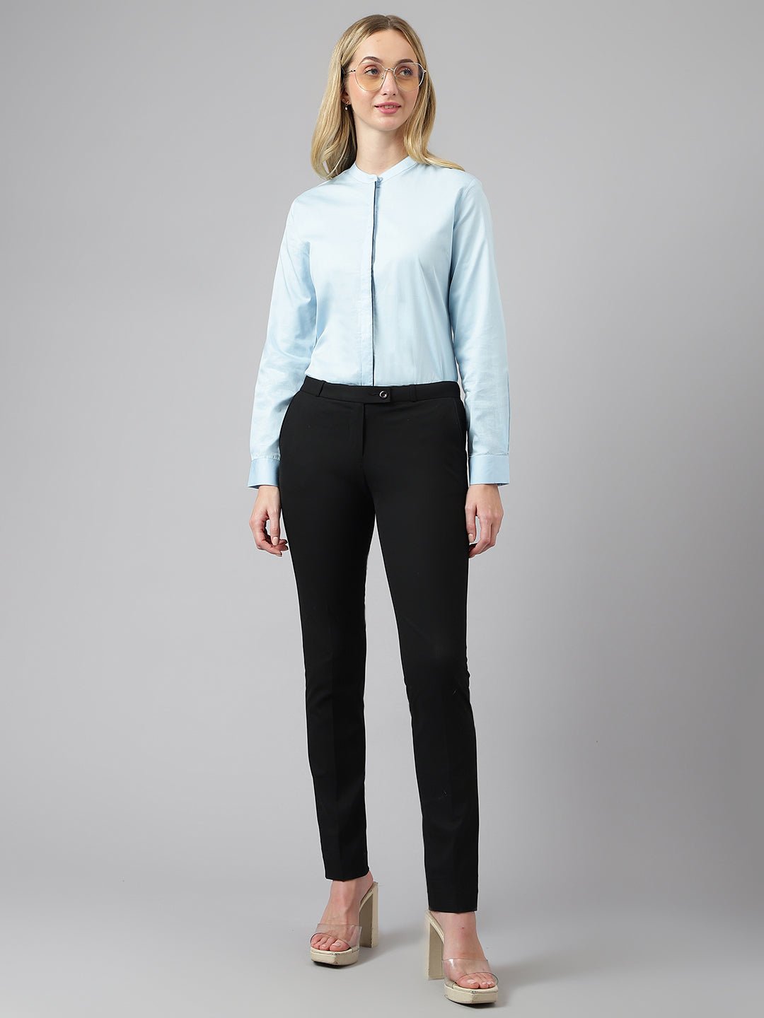 Women Sky Blue Solid Pure Cotton Regular Fit Formal Shirt - #folk republic#