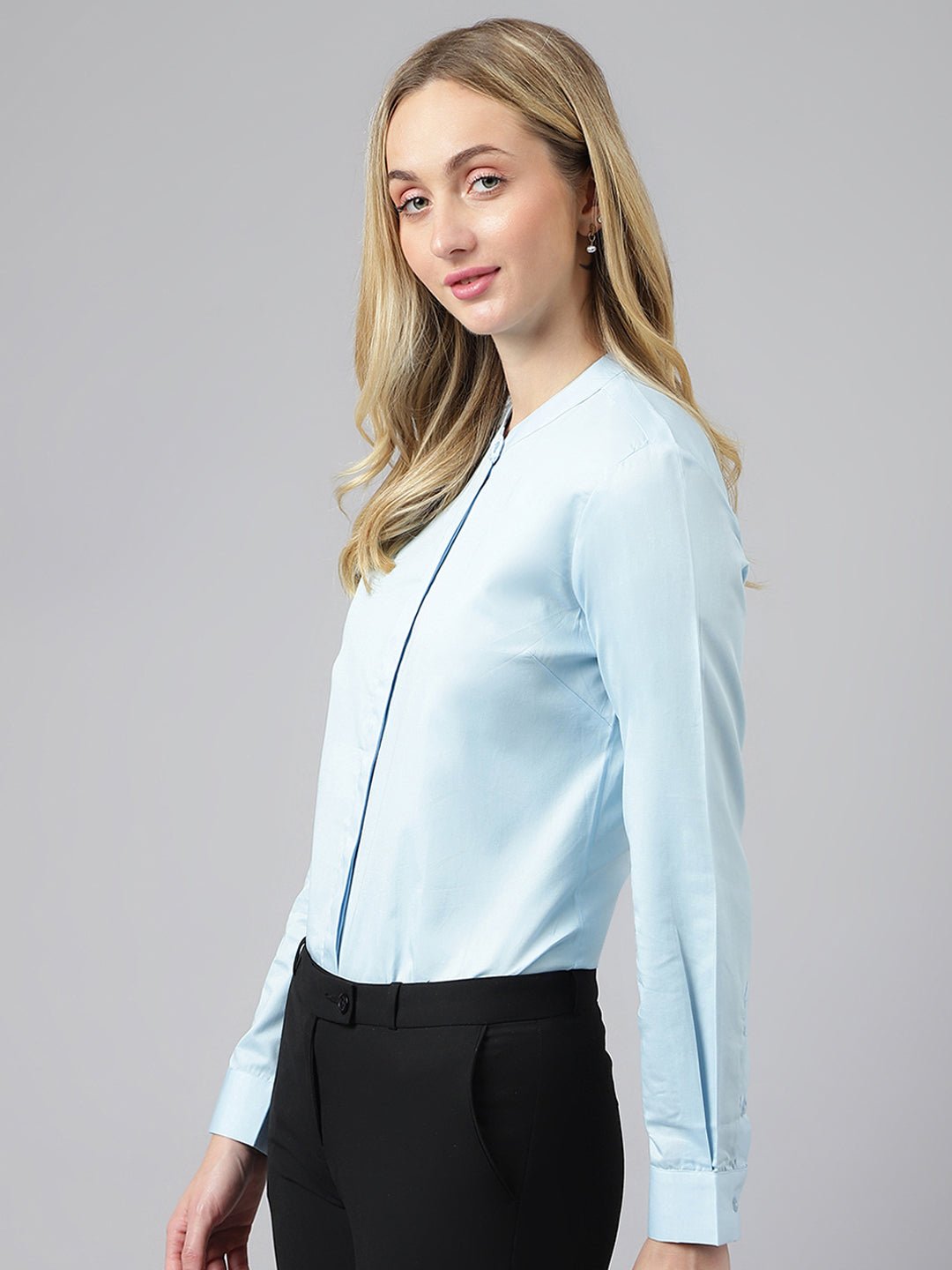 Women Sky Blue Solid Pure Cotton Regular Fit Formal Shirt - #folk republic#