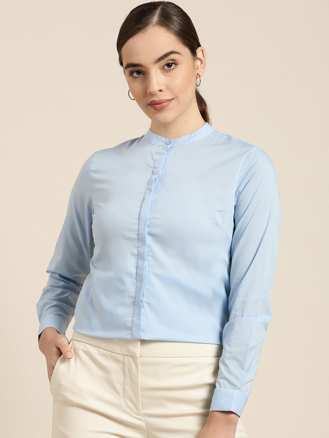 Women Sky Blue Solid Pure Cotton Slim Fit Formal Shirt - #folk republic#