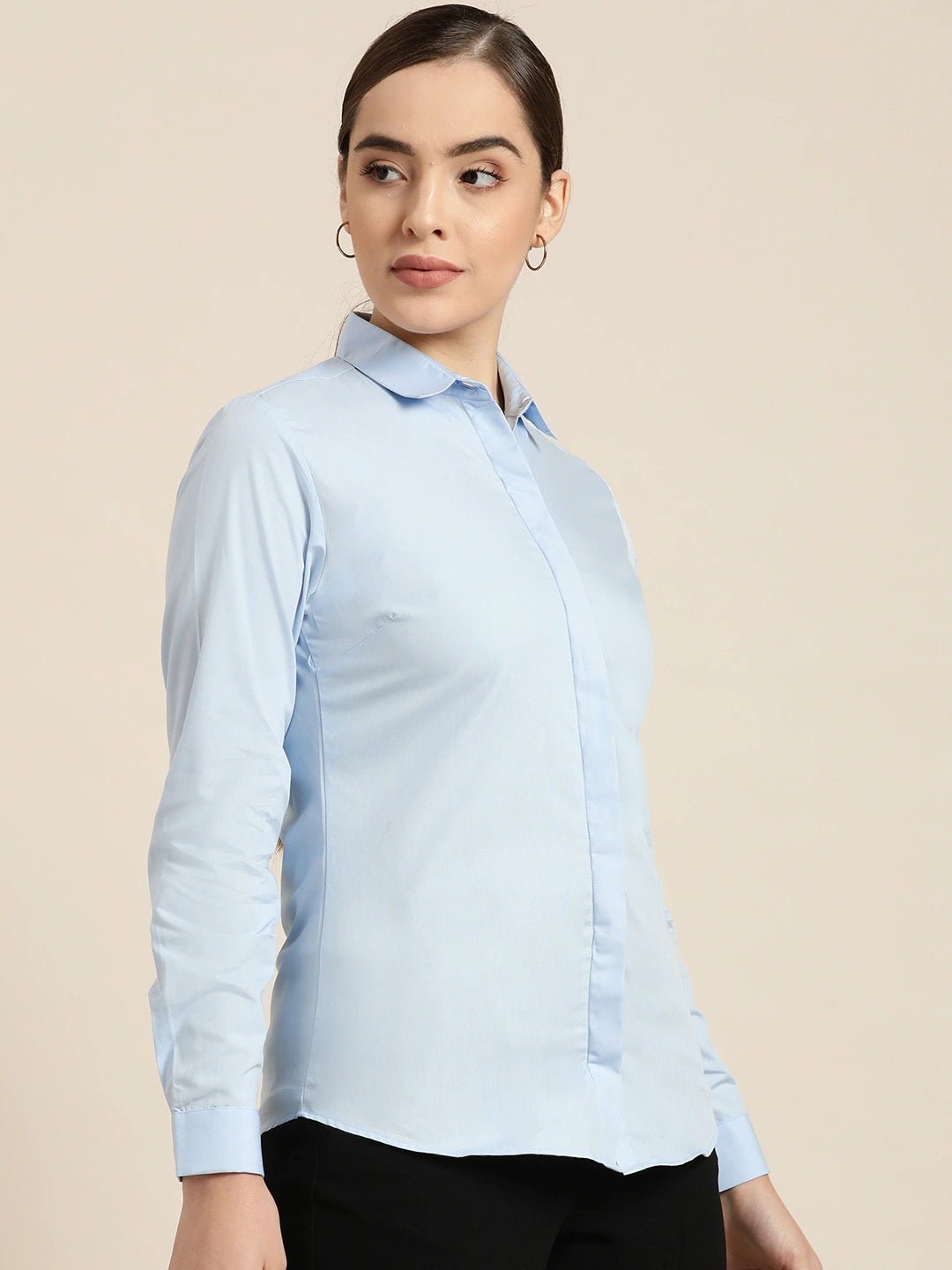 Women Sky Blue Solid Pure Cotton Slim Fit Formal Shirt - #folk republic#