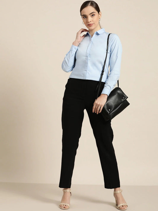 Women Sky Blue Solid Pure Cotton Slim Fit Formal Shirt - #folk republic#