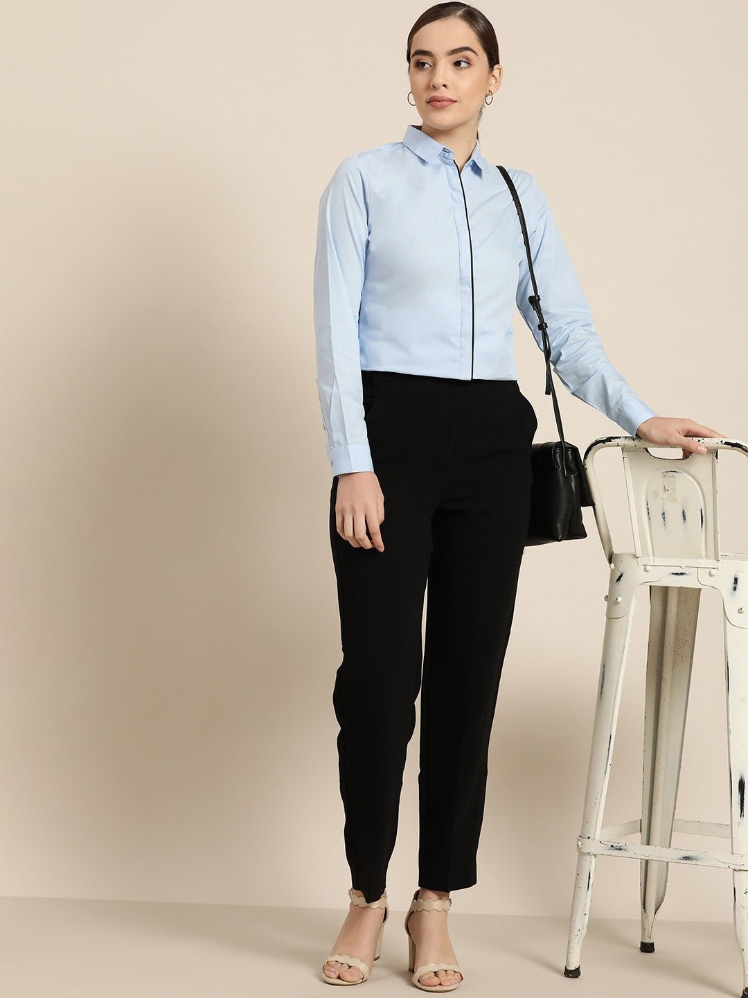 Women Sky Blue Solid Pure Cotton Slim Fit Formal Shirt - #folk republic#