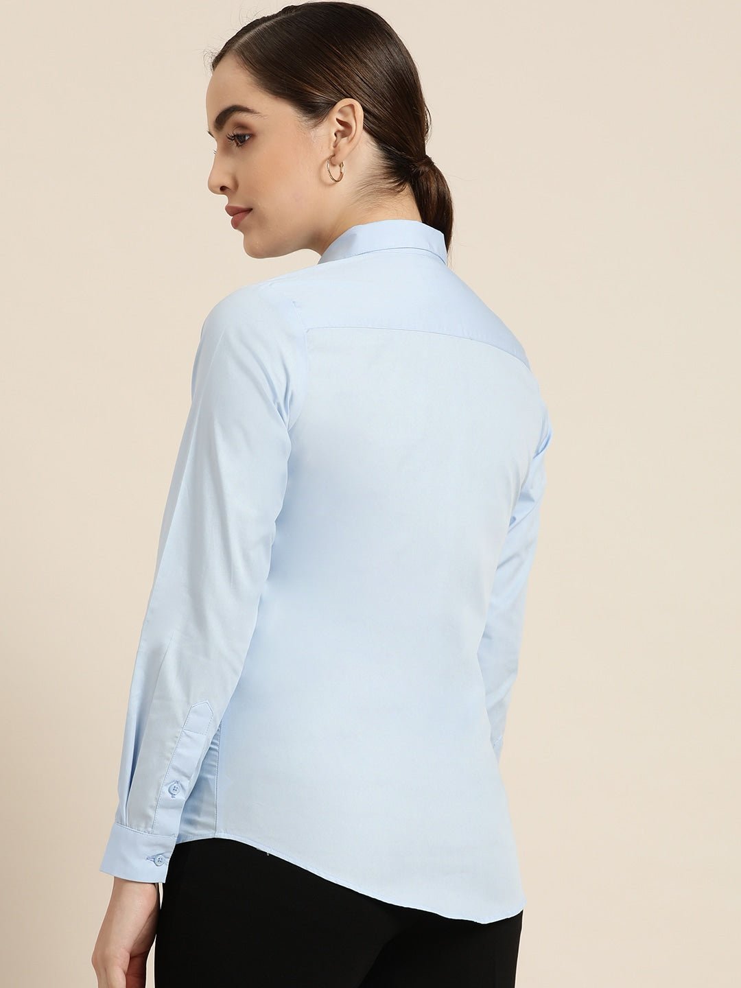 Women Sky Blue Solid Pure Cotton Slim Fit Formal Shirt - #folk republic#