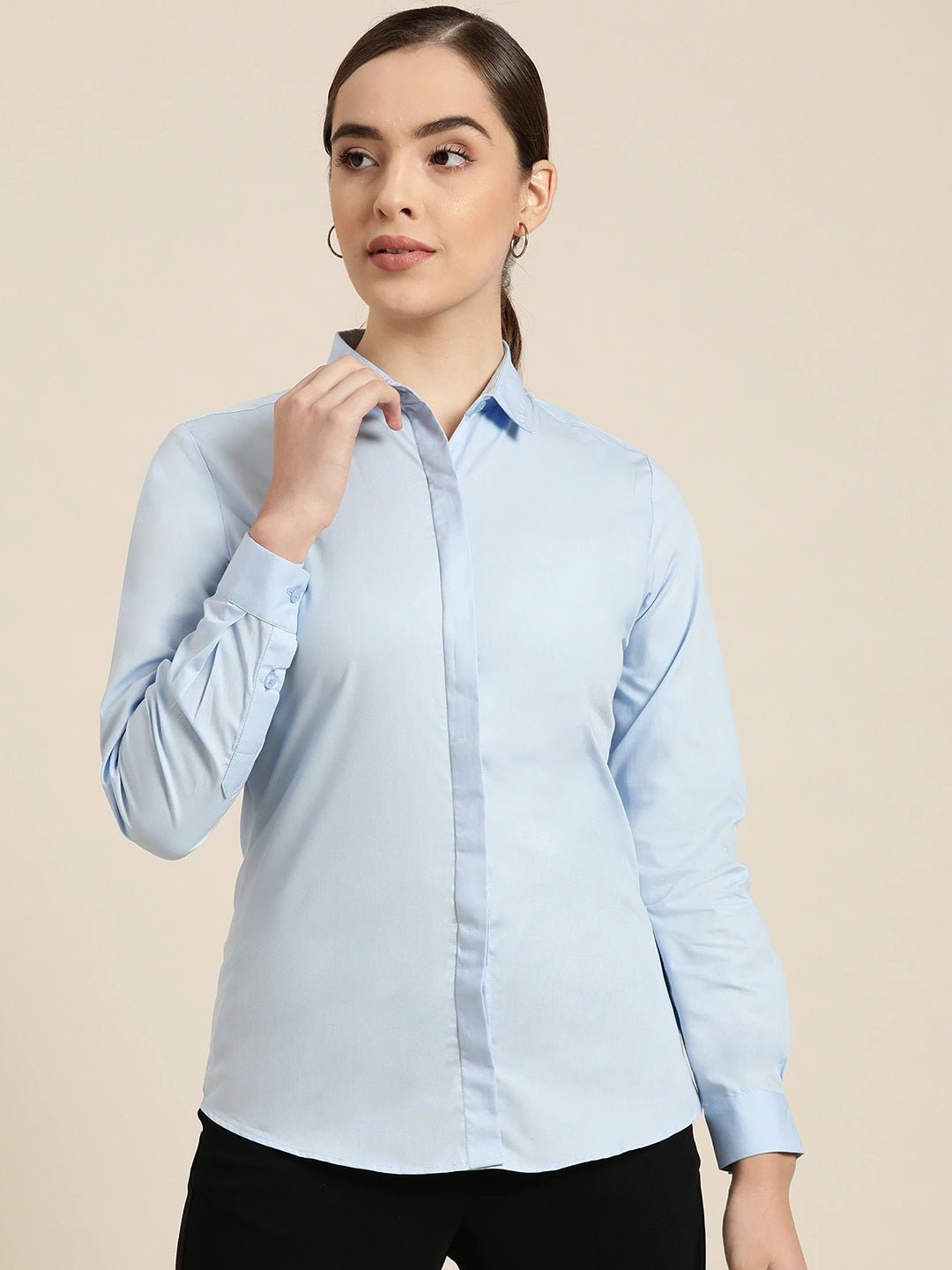 Women Sky Blue Solid Pure Cotton Slim Fit Formal Shirt - #folk republic#