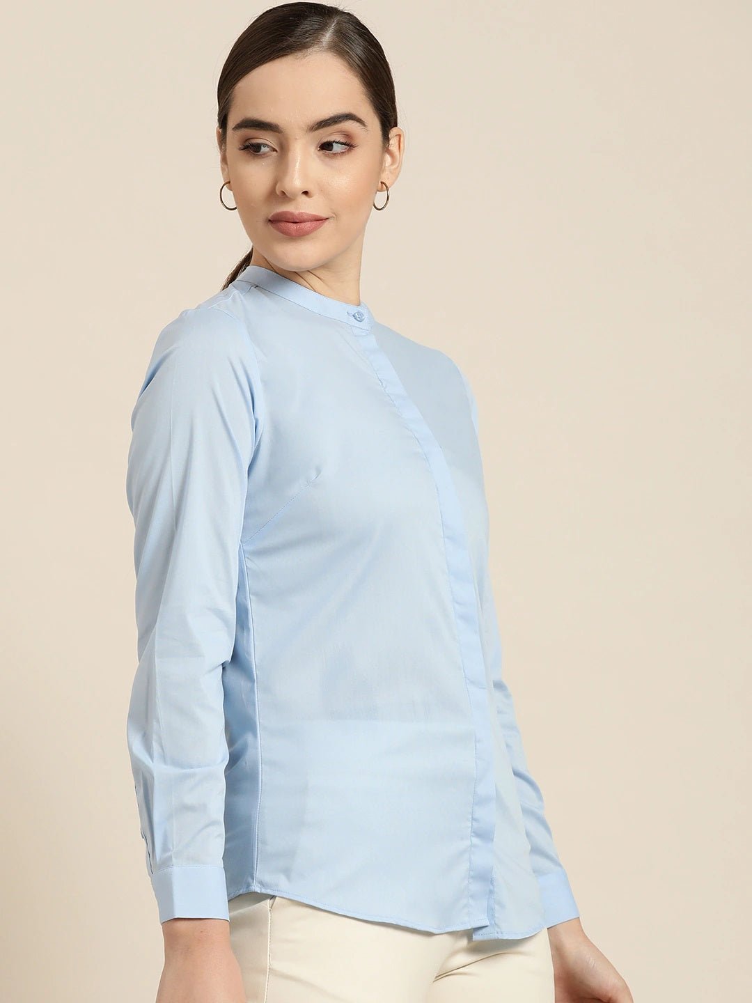 Women Sky Blue Solid Pure Cotton Slim Fit Formal Shirt - #folk republic#