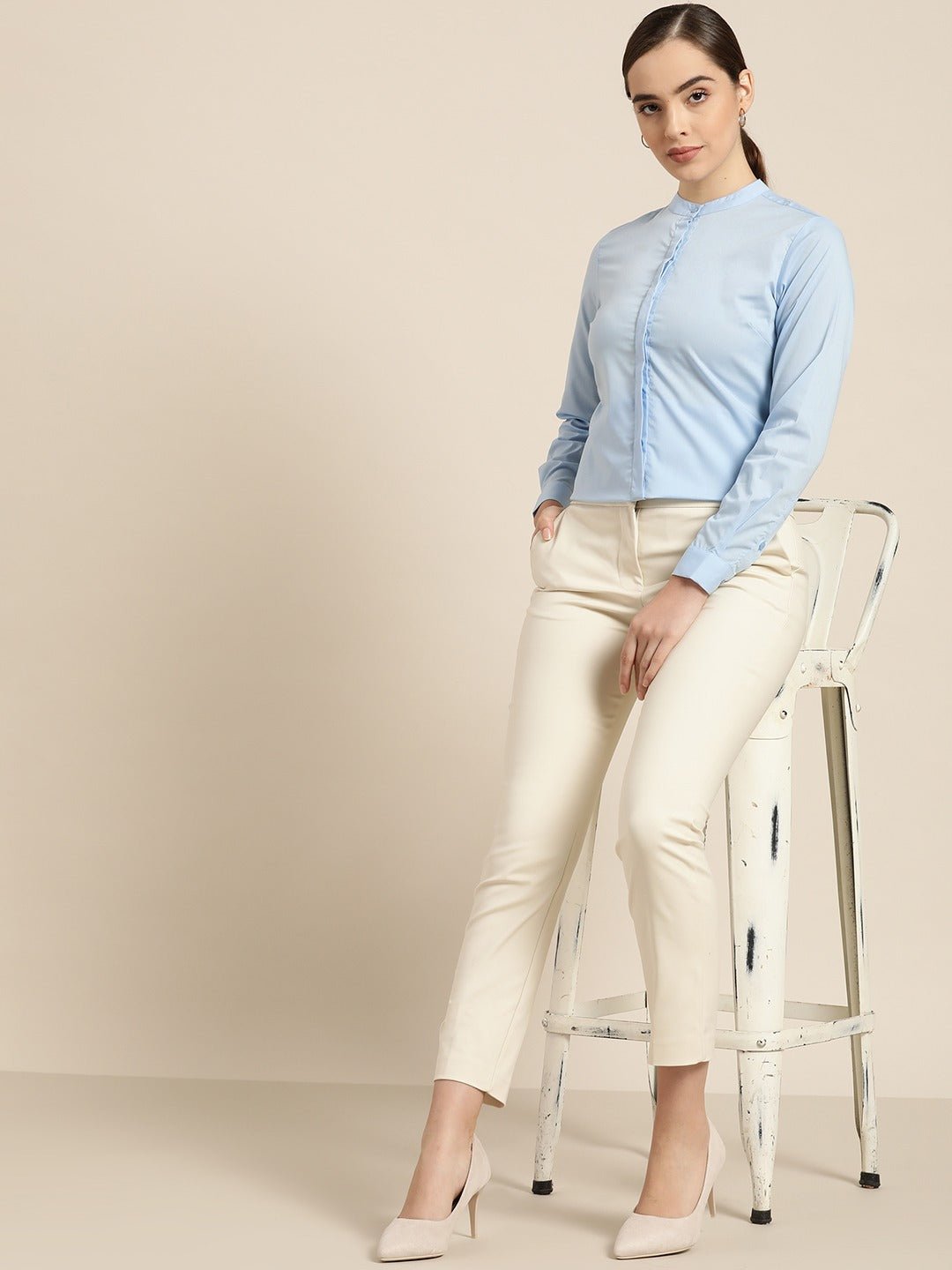 Women Sky Blue Solid Pure Cotton Slim Fit Formal Shirt - #folk republic#