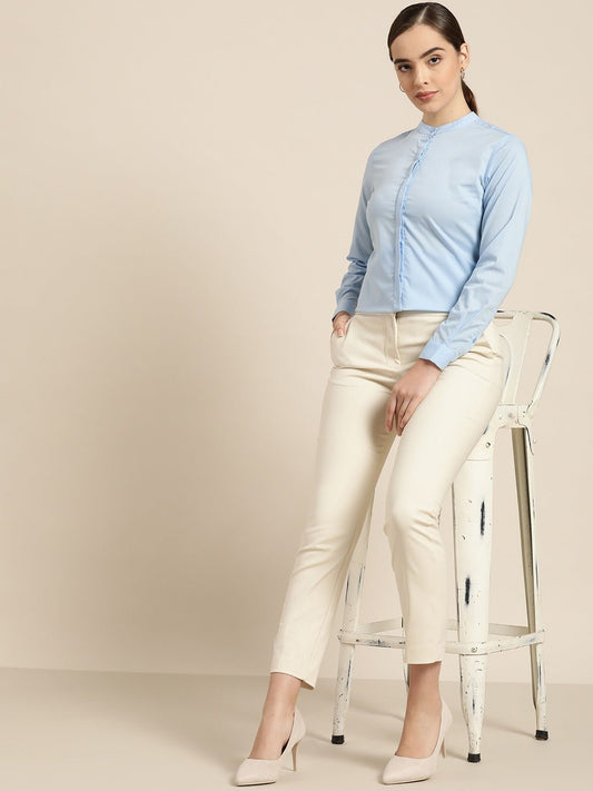 Women Sky Blue Solid Pure Cotton Slim Fit Formal Shirt - #folk republic#