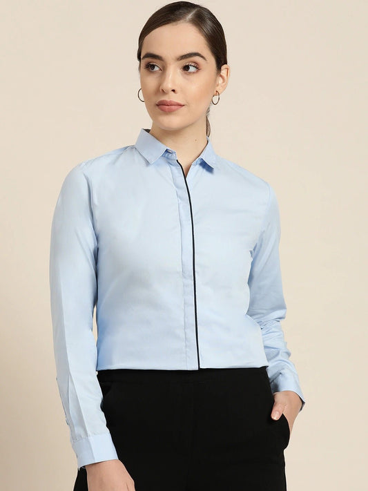 Women Sky Blue Solid Pure Cotton Slim Fit Formal Shirt - #folk republic#