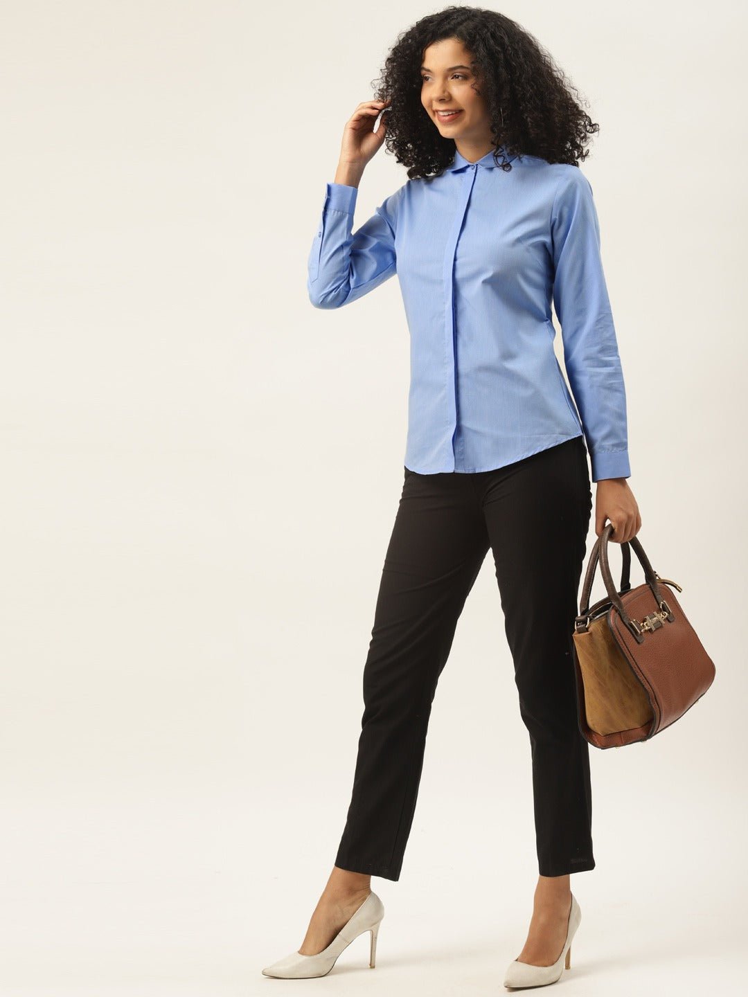 Women Sky Blue Solids Pure Cotton Slim Fit Formal Shirt - #folk republic#