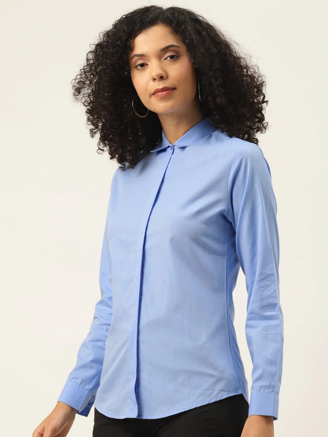 Women Sky Blue Solids Pure Cotton Slim Fit Formal Shirt - #folk republic#