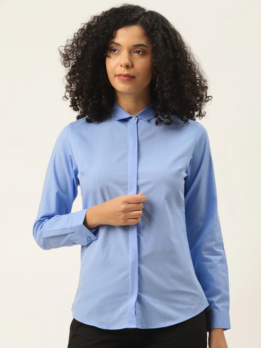 Women Sky Blue Solids Pure Cotton Slim Fit Formal Shirt - #folk republic#