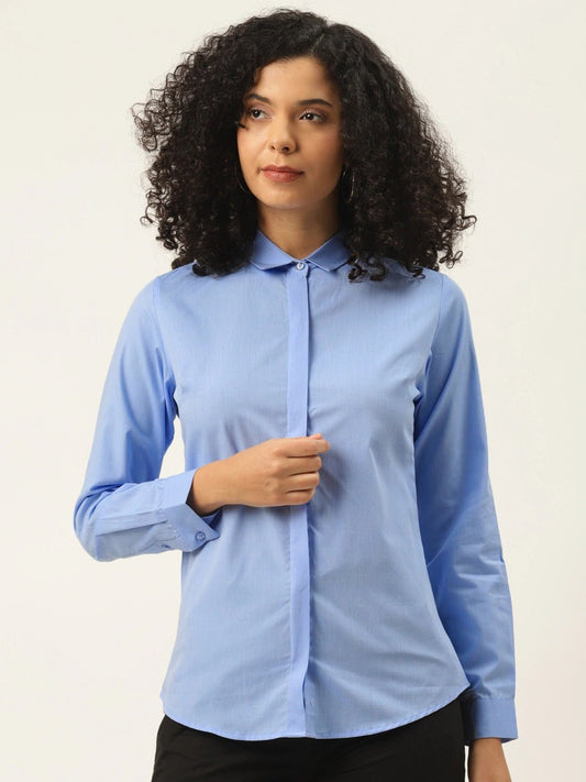 Women Sky Blue Solids Pure Cotton Slim Fit Formal Shirt - #folk republic#