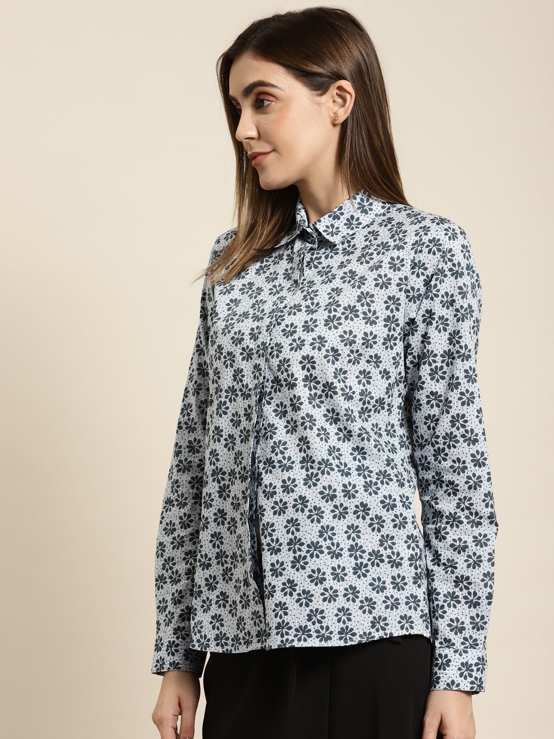 Women Sky & Navy Printed Pure Cotton Regular Fit Formal Shirt - #folk republic#