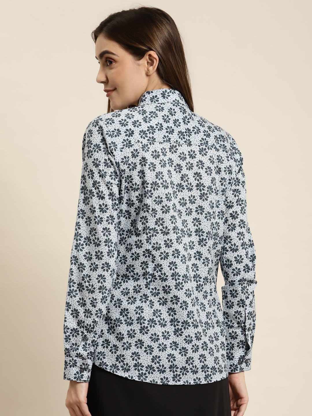 Women Sky & Navy Printed Pure Cotton Regular Fit Formal Shirt - #folk republic#