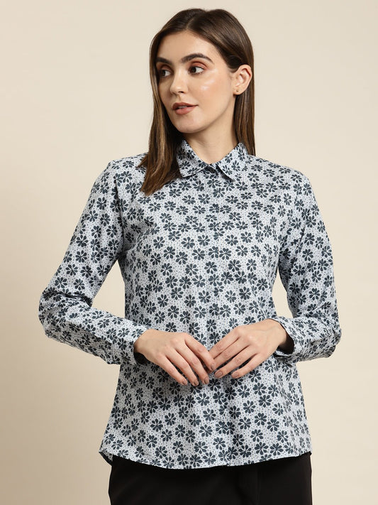Women Sky & Navy Printed Pure Cotton Regular Fit Formal Shirt - #folk republic#