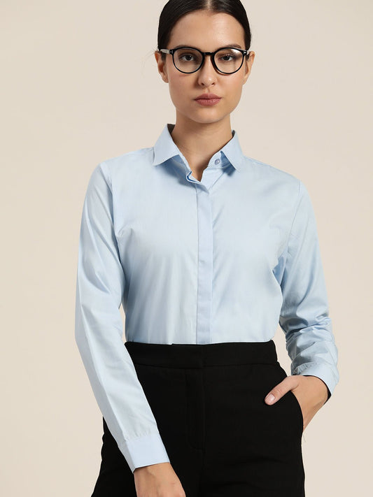 Women Sky Solid Pure Cotton Regular Fit Formal Shirt - #folk republic#