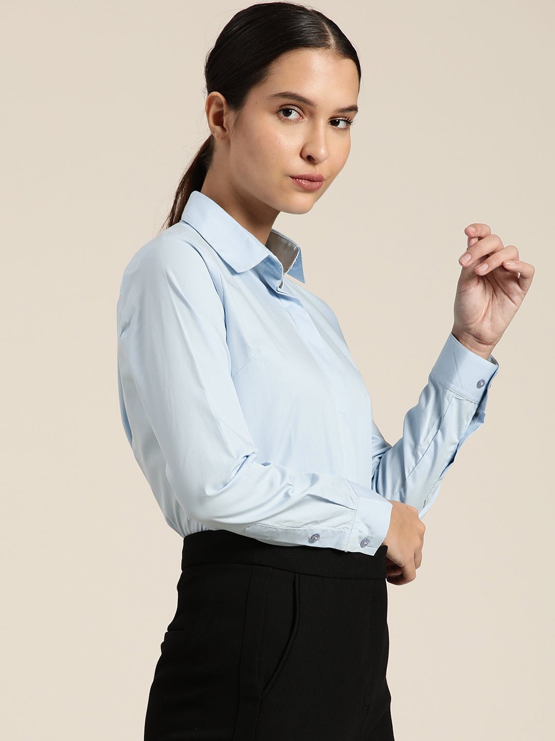 Women Sky Solid Pure Cotton Regular Fit Formal Shirt - #folk republic#