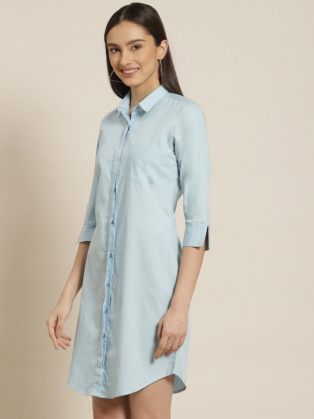 Women Sky Solid Pure Cotton Regular Fit Shirt Dress - #folk republic#