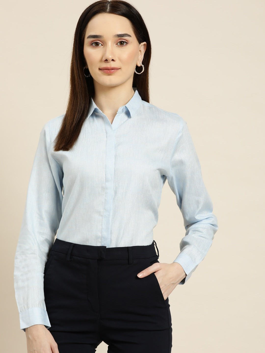 Women Sky Solids Linen Cotton Slim Fit Formal Shirt - #folk republic#