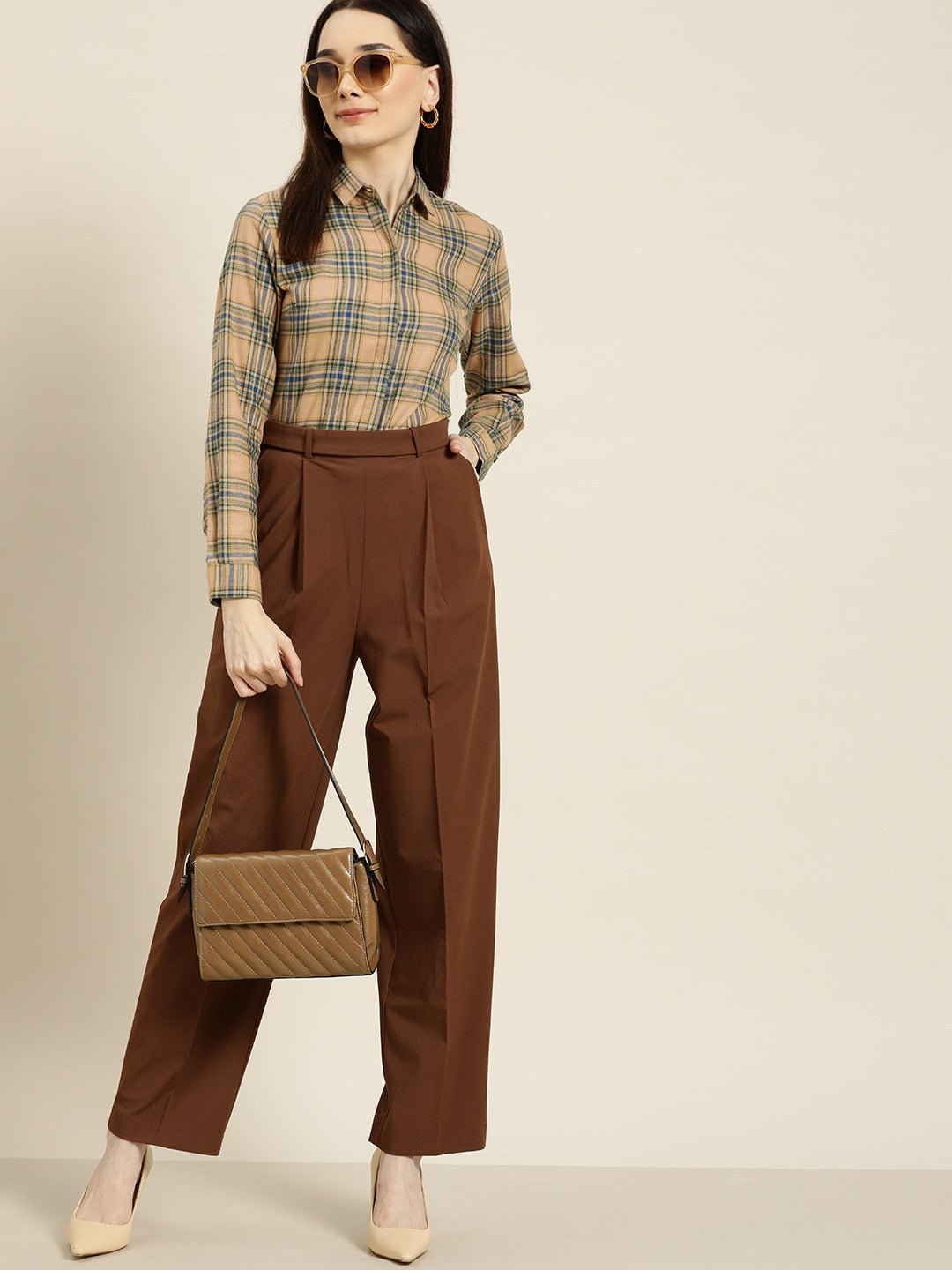 Women Tan Checks Pure Cotton Slim Fit Formal Shirt - #folk republic#