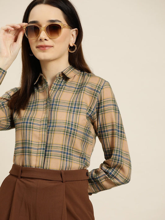 Women Tan Checks Pure Cotton Slim Fit Formal Shirt - #folk republic#