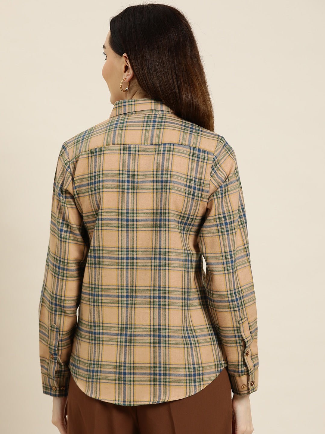 Women Tan Checks Pure Cotton Slim Fit Formal Shirt - #folk republic#
