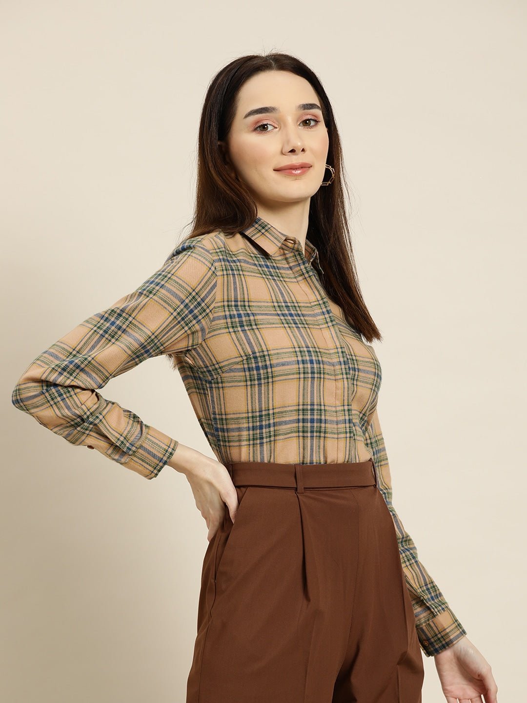 Women Tan Checks Pure Cotton Slim Fit Formal Shirt - #folk republic#