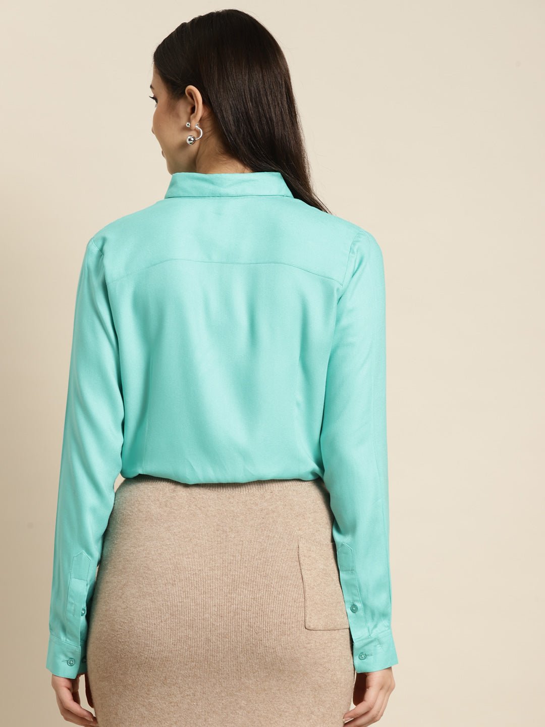 Women Teal Solid Viscose Rayon Regular Fit Formal Shirt - #folk republic#