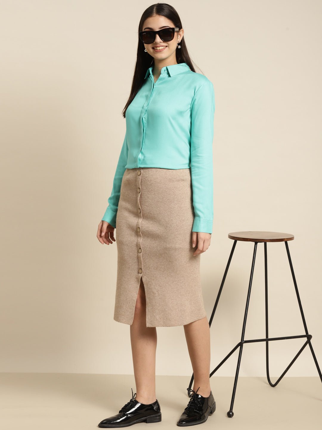 Women Teal Solid Viscose Rayon Regular Fit Formal Shirt - #folk republic#