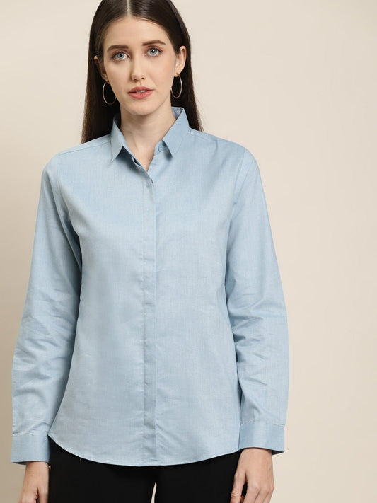 Women Turquoise Blue Solid Chambray Cotton Rich Slim Fit Formal Shirt - #folk republic#