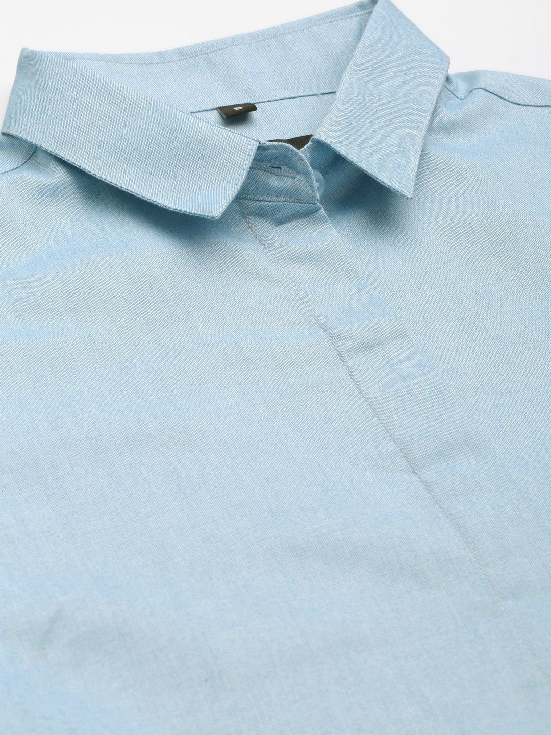 Women Turquoise Blue Solid Chambray Cotton Rich Slim Fit Formal Shirt - #folk republic#
