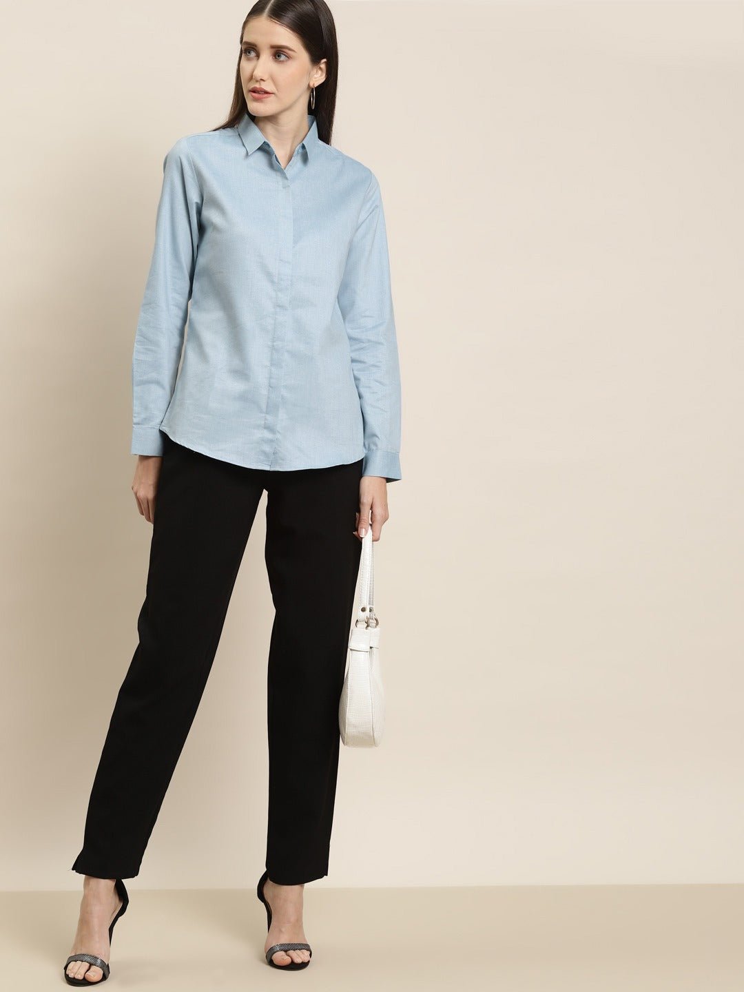 Women Turquoise Blue Solid Chambray Cotton Rich Slim Fit Formal Shirt - #folk republic#