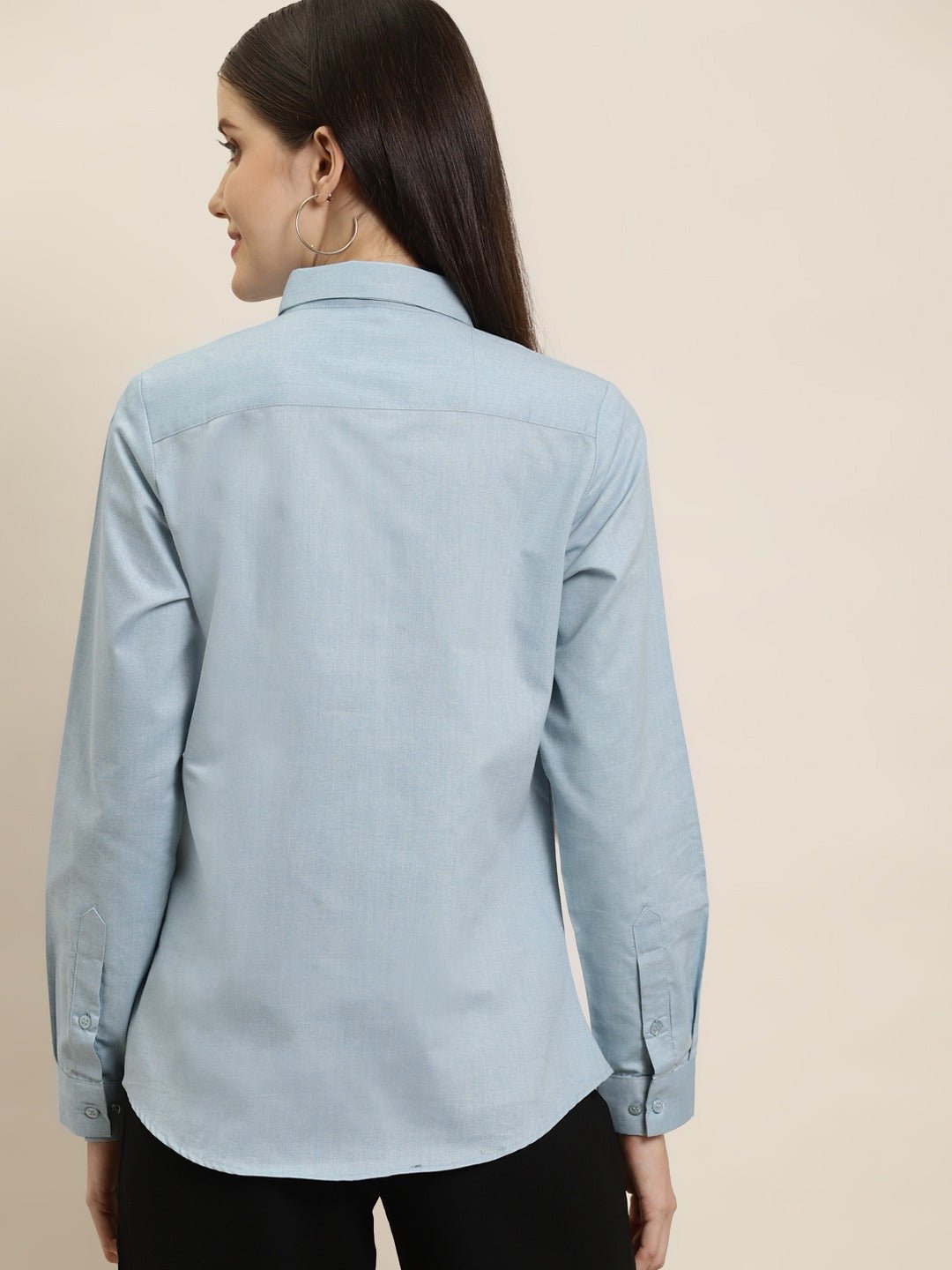Women Turquoise Blue Solid Chambray Cotton Rich Slim Fit Formal Shirt - #folk republic#