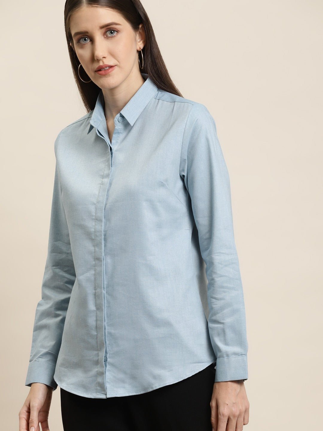 Women Turquoise Blue Solid Chambray Cotton Rich Slim Fit Formal Shirt - #folk republic#