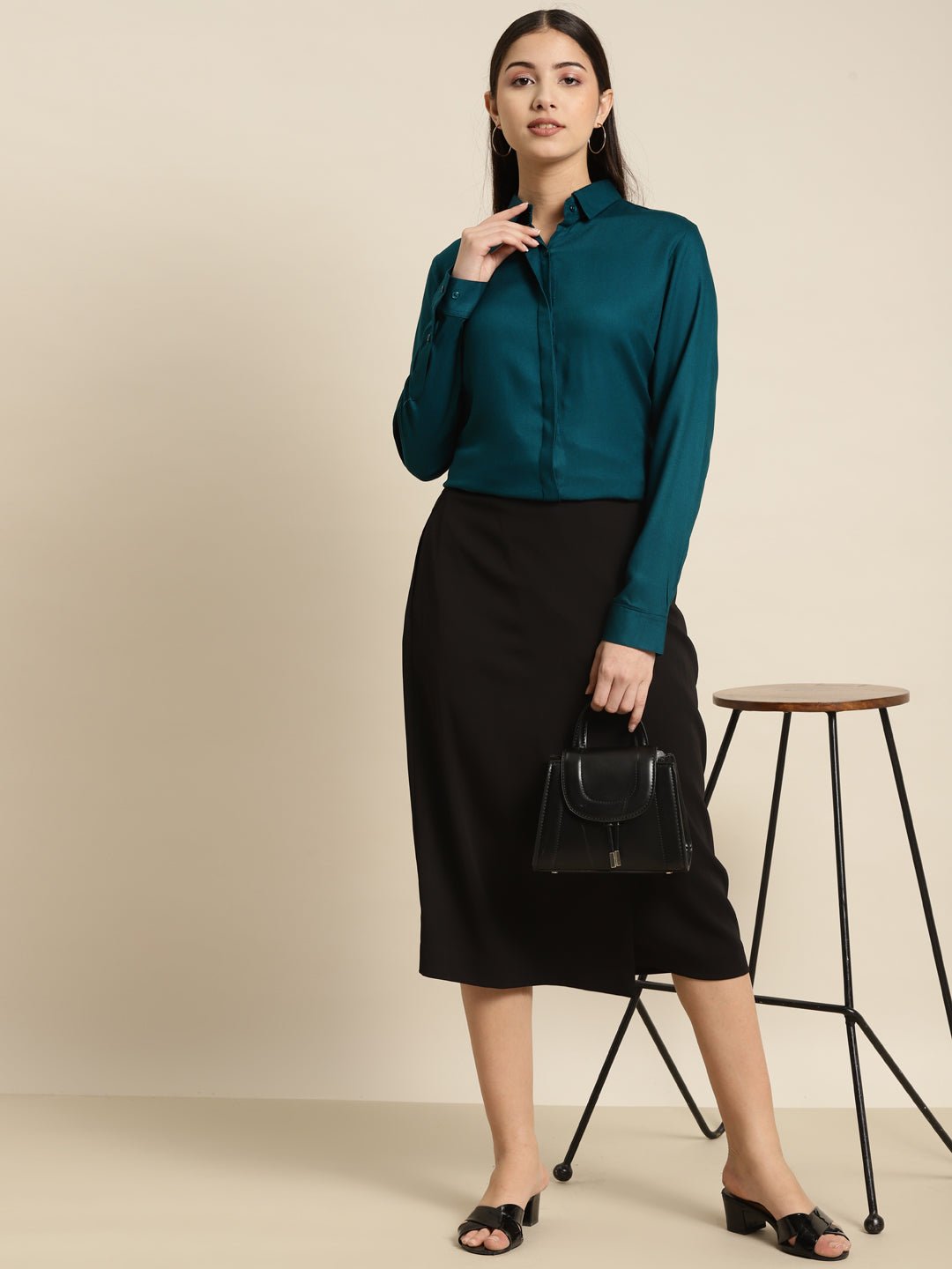 Women Turquoise Blue Solid Viscose Rayon Regular Fit Formal Shirt - #folk republic#