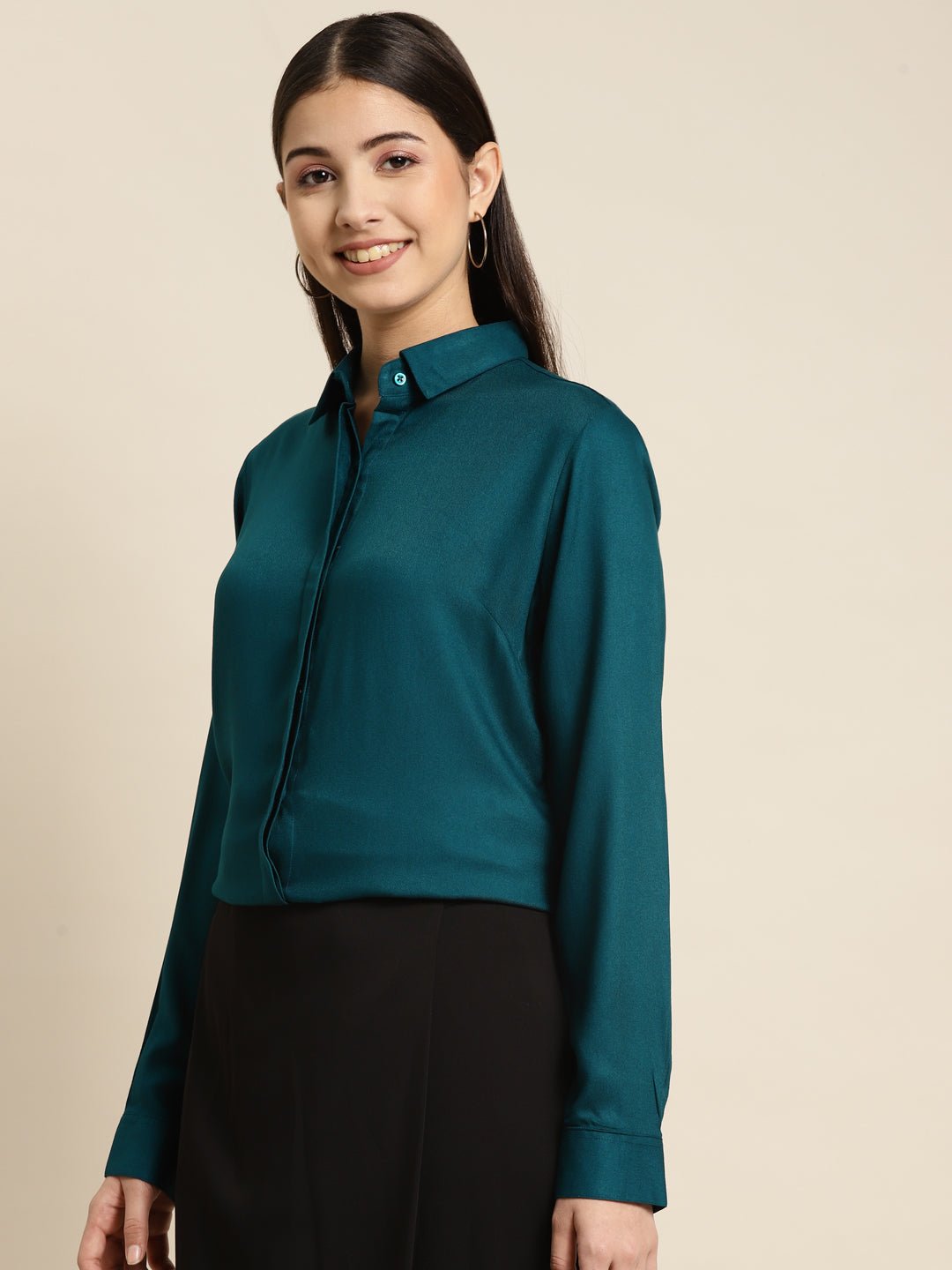 Women Turquoise Blue Solid Viscose Rayon Regular Fit Formal Shirt - #folk republic#