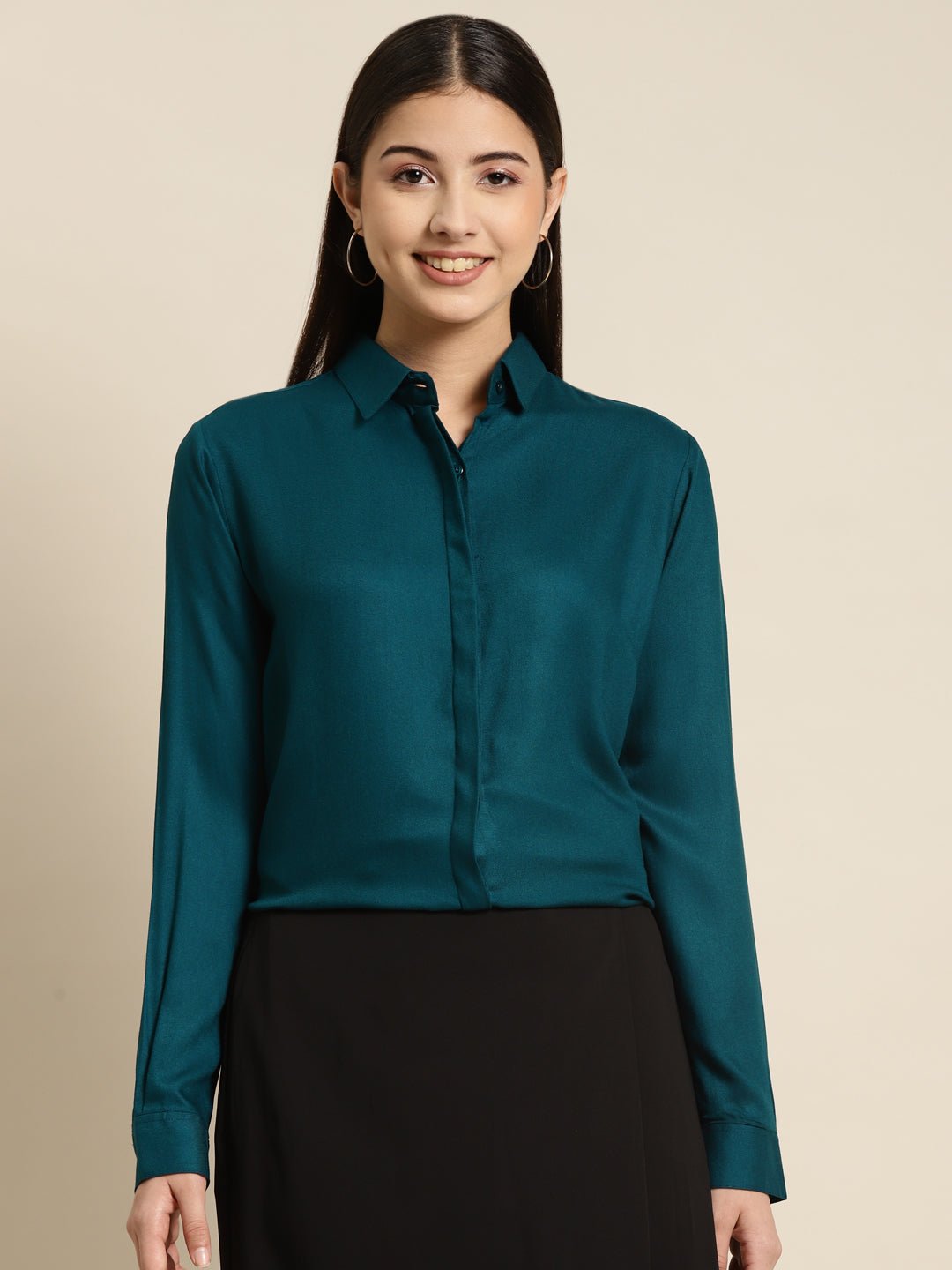 Women Turquoise Blue Solid Viscose Rayon Regular Fit Formal Shirt - #folk republic#