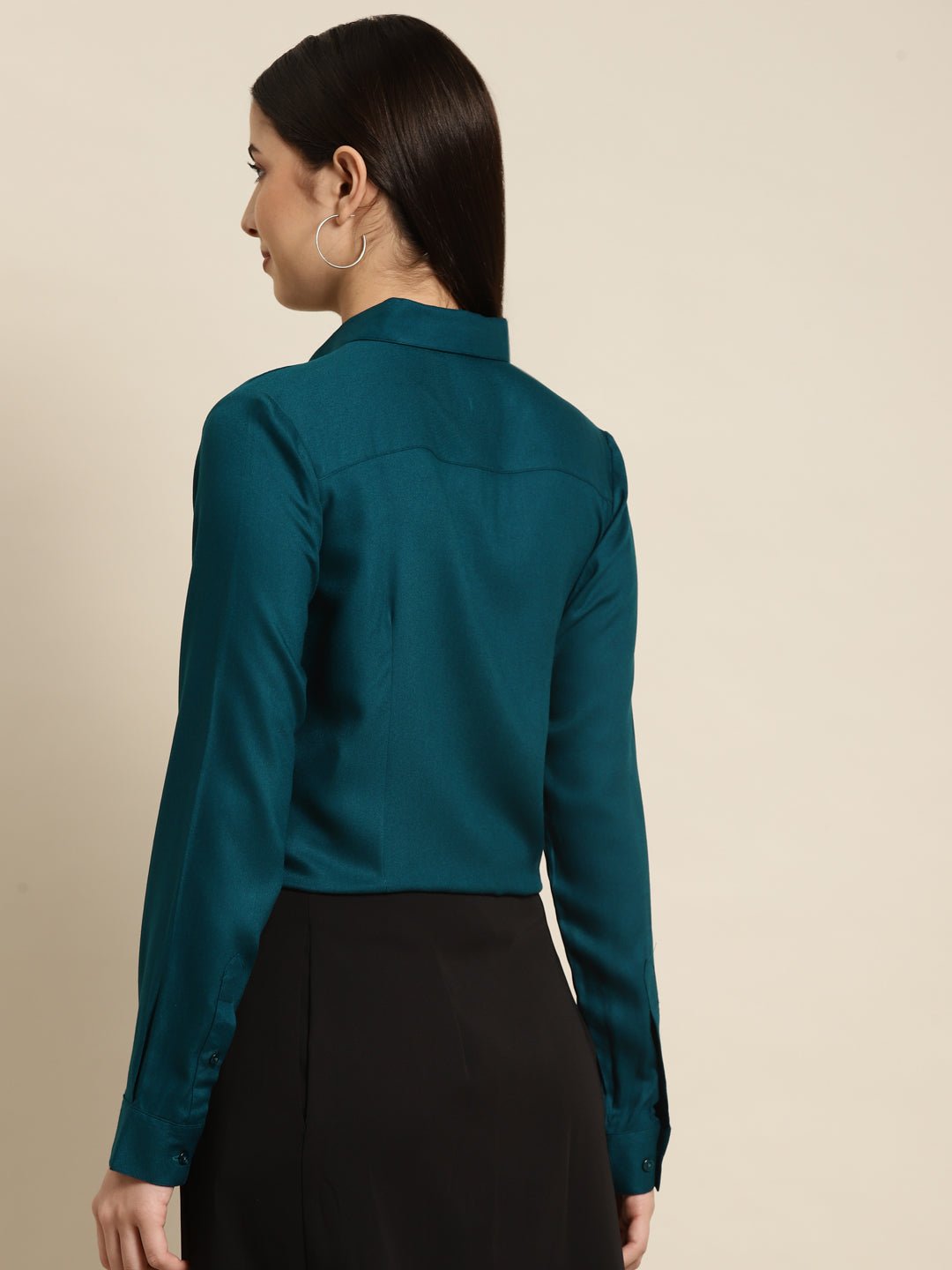 Women Turquoise Blue Solid Viscose Rayon Regular Fit Formal Shirt - #folk republic#