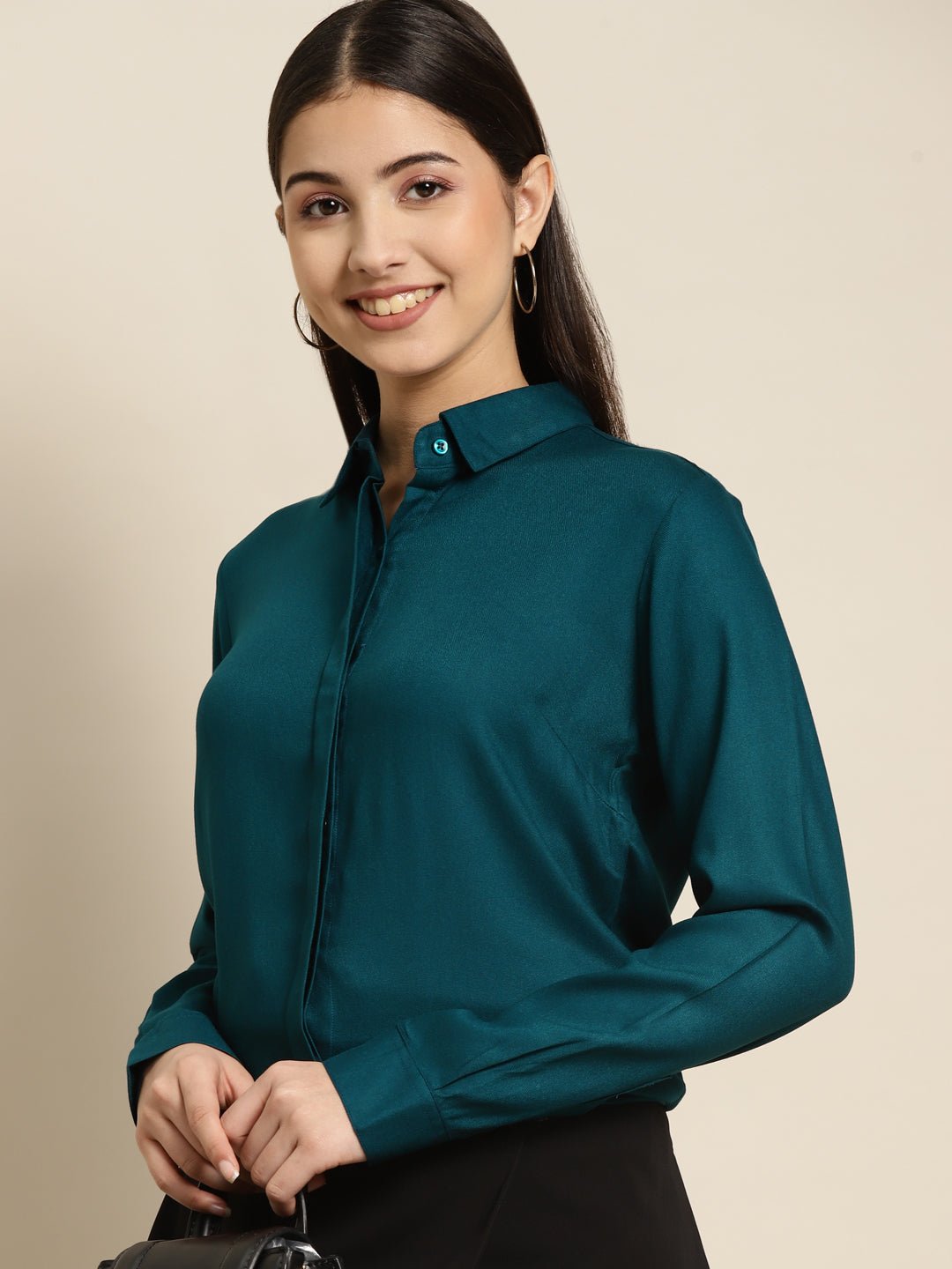 Women Turquoise Blue Solid Viscose Rayon Regular Fit Formal Shirt - #folk republic#