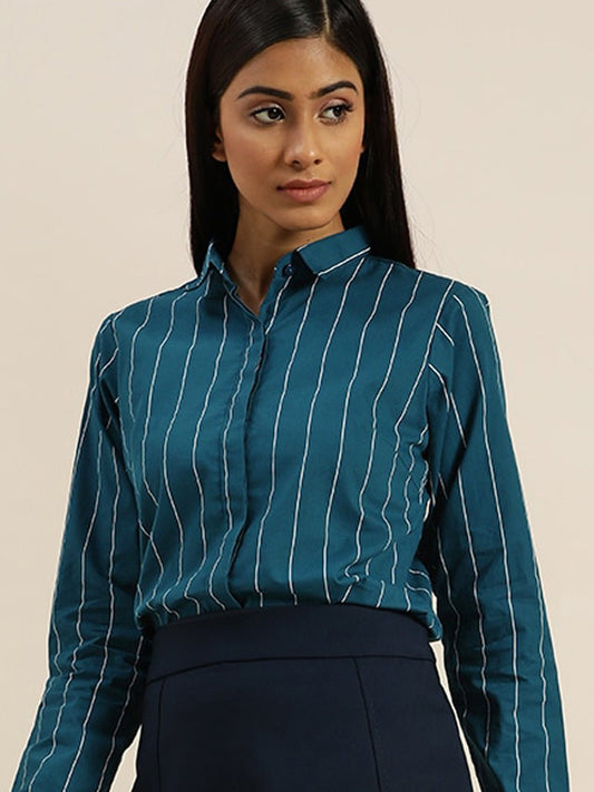 Women Turquoise Blue Striped Pure Cotton Slim Fit Formal Shirt - #folk republic#